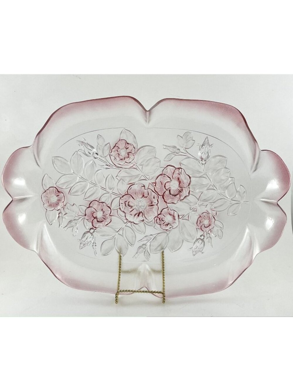 Walther Glass Mikasa Pink Rosella Crystal Rose Scalloped Large 16" Tray Germany